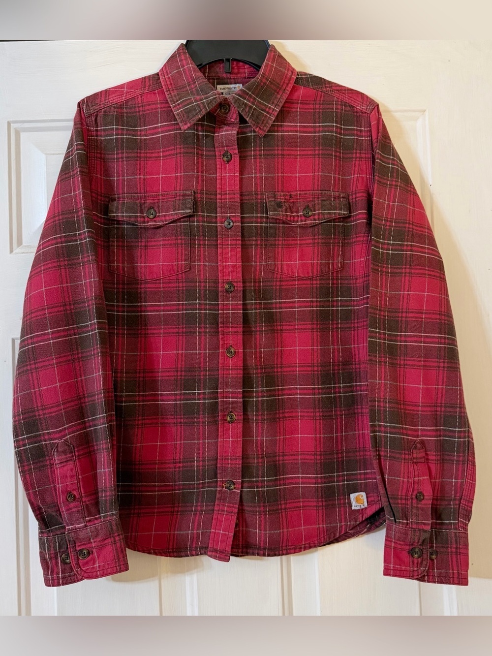Carhartt Women’s Red Plaid Flannel Button Up Work Shirt - Picture 2 of 7